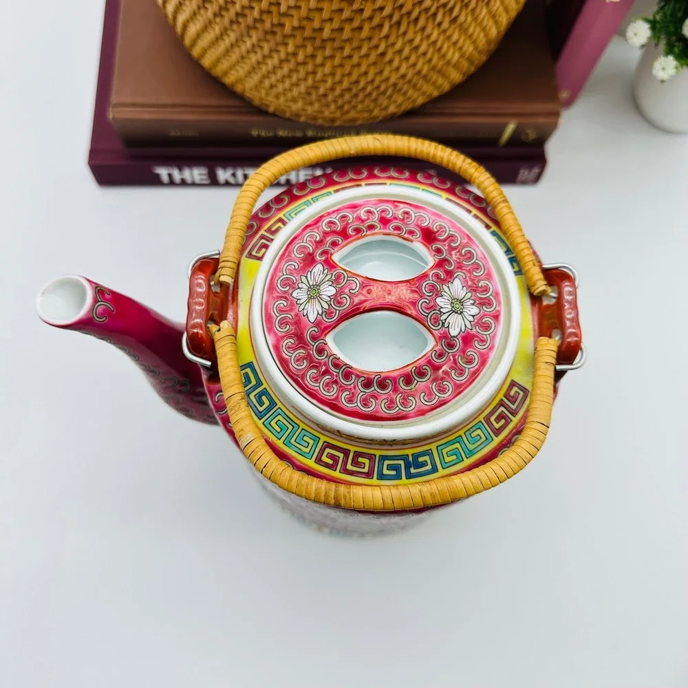 Vintage Mun Shou‎ Longevity Pink Floral Teapot w Basket Famille Rose Chinoiserie